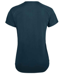01159 Petroleum Blue Back - Black short-sleeve Ladies fit t-shirt that runs small compared to some other brands, with textured breathable fabric, self-fabric bound collar, raglan sleeves, twin needle sleeves and hem, and a curved back hem. Suitable for sublimation printing. Please check sizing before decoration