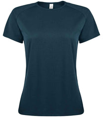 01159 Petroleum Blue Front - Black short-sleeve Ladies fit t-shirt that runs small compared to some other brands, with textured breathable fabric, self-fabric bound collar, raglan sleeves, twin needle sleeves and hem, and a curved back hem. Suitable for sublimation printing. Please check sizing before decoration