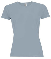 01159 Pure Grey Front - Black short-sleeve Ladies fit t-shirt that runs small compared to some other brands, with textured breathable fabric, self-fabric bound collar, raglan sleeves, twin needle sleeves and hem, and a curved back hem. Suitable for sublimation printing. Please check sizing before decoration