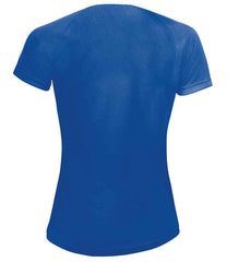 01159 Royal Blue Back - Black short-sleeve Ladies fit t-shirt that runs small compared to some other brands, with textured breathable fabric, self-fabric bound collar, raglan sleeves, twin needle sleeves and hem, and a curved back hem. Suitable for sublimation printing. Please check sizing before decoration