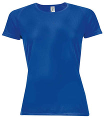 01159 Royal Blue Front - Black short-sleeve Ladies fit t-shirt that runs small compared to some other brands, with textured breathable fabric, self-fabric bound collar, raglan sleeves, twin needle sleeves and hem, and a curved back hem. Suitable for sublimation printing. Please check sizing before decoration