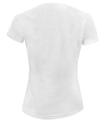 01159 White Back - Black short-sleeve Ladies fit t-shirt that runs small compared to some other brands, with textured breathable fabric, self-fabric bound collar, raglan sleeves, twin needle sleeves and hem, and a curved back hem. Suitable for sublimation printing. Please check sizing before decoration