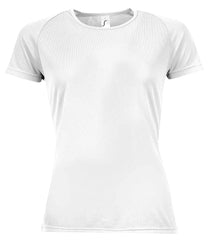 01159 White Front - Black short-sleeve Ladies fit t-shirt that runs small compared to some other brands, with textured breathable fabric, self-fabric bound collar, raglan sleeves, twin needle sleeves and hem, and a curved back hem. Suitable for sublimation printing. Please check sizing before decoration