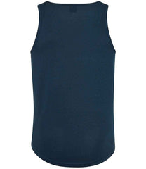 JC007 French Navy sleeveless tank top with a crew neck, made from Neoteric textured fabric with inherent wickability, UPF 30+ UV protection, self-fabric bound neckline and armholes, twin-needle curved drop hem, and a tear-out label