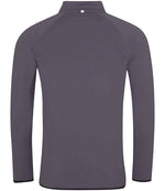 JC031 CoolFit matt finish performance fabric with superior wicking properties, UPF 40+ UV protection, slim fit, stand-up collar, raglan sleeves, zip neck with chin guard, self-fabric contrast bound zip, cuffs and hem, reflective tab on back of neck for earphones, tear-out label. In Charcoal/Jet Black Back