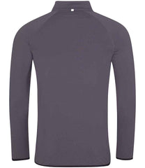 JC031 CoolFit matt finish performance fabric with superior wicking properties, UPF 40+ UV protection, slim fit, stand-up collar, raglan sleeves, zip neck with chin guard, self-fabric contrast bound zip, cuffs and hem, reflective tab on back of neck for earphones, tear-out label. In Charcoal/Jet Black Back