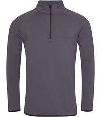 JC031 CoolFit matt finish performance fabric with superior wicking properties, UPF 40+ UV protection, slim fit, stand-up collar, raglan sleeves, zip neck with chin guard, self-fabric contrast bound zip, cuffs and hem, reflective tab on back of neck for earphones, tear-out label. In Charcoal/Jet Black Front