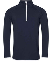 JC031 CoolFit matt finish performance fabric with superior wicking properties, UPF 40+ UV protection, slim fit, stand-up collar, raglan sleeves, zip neck with chin guard, self-fabric contrast bound zip, cuffs and hem, reflective tab on back of neck for earphones, tear-out label. In French Navy/Arctic White Front