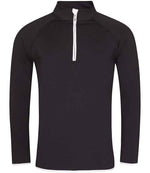 JC031 CoolFit matt finish performance fabric with superior wicking properties, UPF 40+ UV protection, slim fit, stand-up collar, raglan sleeves, zip neck with chin guard, self-fabric contrast bound zip, cuffs and hem, reflective tab on back of neck for earphones, tear-out label. In Jet Black/Arctic White Front