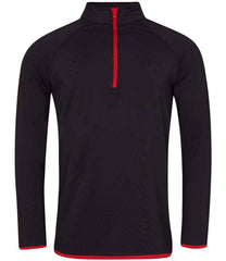 JC031 CoolFit matt finish performance fabric with superior wicking properties, UPF 40+ UV protection, slim fit, stand-up collar, raglan sleeves, zip neck with chin guard, self-fabric contrast bound zip, cuffs and hem, reflective tab on back of neck for earphones, tear-out label. In Jet Black/Fire Red Front