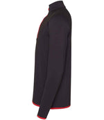 JC031 CoolFit matt finish performance fabric with superior wicking properties, UPF 40+ UV protection, slim fit, stand-up collar, raglan sleeves, zip neck with chin guard, self-fabric contrast bound zip, cuffs and hem, reflective tab on back of neck for earphones, tear-out label. In Jet Black/Fire Red Left
