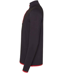 JC031 CoolFit matt finish performance fabric with superior wicking properties, UPF 40+ UV protection, slim fit, stand-up collar, raglan sleeves, zip neck with chin guard, self-fabric contrast bound zip, cuffs and hem, reflective tab on back of neck for earphones, tear-out label. In Jet Black/Fire Red Left