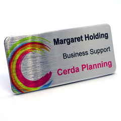 Silver name badge printed with full colour logo