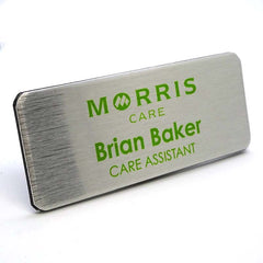 Branded name badge in silver