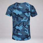 A short-sleeve crewneck t-shirt featuring a blue camouflage pattern with shades of navy, medium blue, and light blue, shown against a neutral gray background.