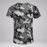 A short-sleeve crewneck t-shirt featuring a gray, black, and white camouflage pattern, displayed on a neutral light gray background.