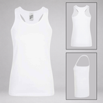 A white sleeveless racerback tank top shown on a light gray background, with two inset views on the right showing the front and back of the garment.
