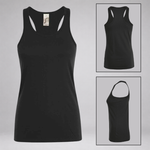 Black racerback tank top shown from the front with two inset views on the right showing the back and side profiles, on a light gray background.