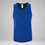 A royal blue sleeveless athletic tank top displayed on a neutral gray background.