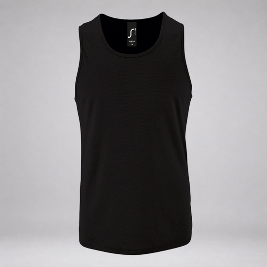 A black sleeveless tank top with a wide scoop neck, displayed on a neutral light gray background.