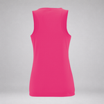 A bright pink sleeveless athletic tank top shown from the back, photographed on a neutral light gray background.