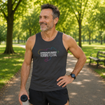 A man in a park wearing a dark gray tank top with a 'Kingbaldy Parks Running Festival' graphic, paired with black shorts and holding a water bottle.