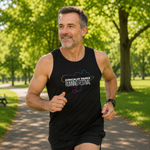 A smiling man jogging on a tree-lined path wearing a black sleeveless athletic tank top with a colorful running map graphic and the text 'Kirkcaldy Parks Running Festival' on the chest.