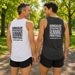 Two men standing outdoors on a park path wearing sleeveless athletic tank tops with the text 'KIRKCALDY PARKS RUNNING FESTIVAL' and 'www.kprf.