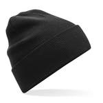 A classic black ribbed knit beanie hat, shown floating at an angle against a solid white background with a soft shadow underneath.
