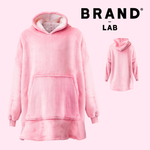 A pink plush hooded sweatshirt dress shown on a pale pink background, with a large front view and a smaller side/back view inset. The words BRAND LAB appear at the top right.