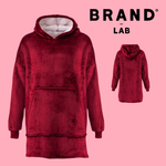 A plush hooded sweatshirt in deep burgundy red, shown from the front with a small inset view of the back. The hoodie has a soft, velour-like texture and a light beige fleece lining inside the hood.
