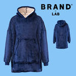A navy blue plush fleece hoodie with a beige sherpa-lined hood, shown on a light blue background with the brand name 'BRAND LAB' and a smaller rear view inset.
