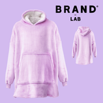 A light purple plush fleece hoodie with a soft white sherpa-lined hood, shown on a lavender background with the text 'BRAND LAB' and a smaller rear view inset.