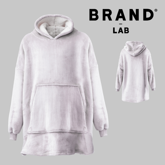 A light grey plush fleece hoodie shown from the front, with a smaller back view inset on the right and the text 'BRAND LAB' at the top on a plain grey background.