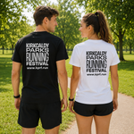 Two people standing on a park path wearing matching graphic t-shirts with the text 'KIRKCALDY PARKS RUNNING FESTIVAL www.kprf.run.
