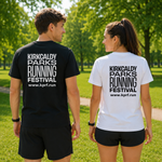 Two people standing outdoors in a park, shown from the back wearing matching running T-shirts. The person on the left wears a black shirt with white text reading 'KIRKCALDY PARKS RUNNING FESTIVAL' and 'www.