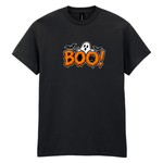 A black short-sleeve crewneck t-shirt featuring a Halloween graphic on the chest with the word 'BOO!' in orange dripping letters, a white ghost, and black bats, displayed on a solid white background.