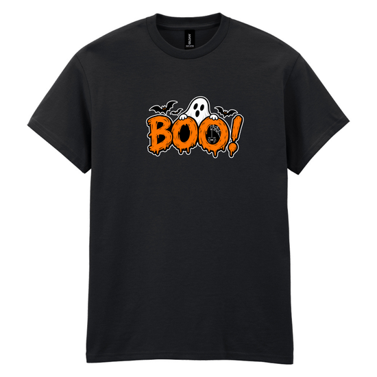 A black short-sleeve crewneck t-shirt featuring a Halloween graphic on the chest with the word 'BOO!' in orange dripping letters, a white ghost, and black bats, displayed on a solid white background.