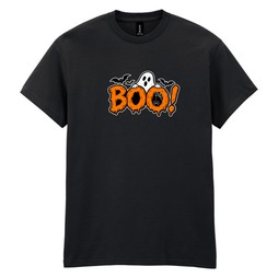 A black short-sleeve crewneck t-shirt featuring a Halloween graphic on the chest with the word 'BOO!' in orange dripping letters, a white ghost, and black bats, displayed on a solid white background.