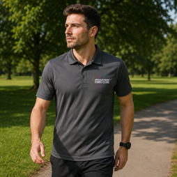 A man wearing a dark grey short-sleeve polo shirt with a white and green logo on the left chest, walking on a paved path in a sunny park.