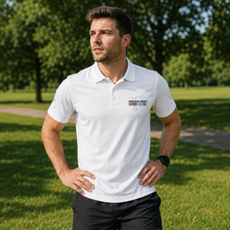 A man standing outdoors on a grassy park path wearing a white short-sleeve polo shirt with a small multicolour logo on the left chest and black shorts.