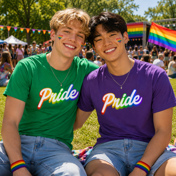 Two smiling young men sitting outdoors at a Pride event, wearing matching rainbow 'Pride' graphic T-shirts—one green and one purple—along with denim shorts and rainbow wristbands. A crowd and rainbow flags are visible in the background.