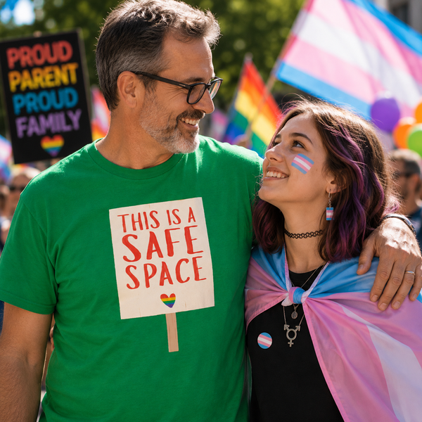 A smiling man and woman at a pride parade. The man wears a bright green T-shirt with a sign that reads 'THIS IS A SAFE SPACE' and a small rainbow heart.