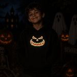 A smiling young boy wearing a black hoodie with a glowing orange jack-o'-lantern face graphic, standing in a spooky Halloween yard at night with pumpkins, ghosts, and a haunted house in the background.