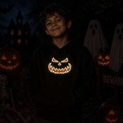 A smiling young boy wearing a black hoodie with a glowing orange jack-o'-lantern face graphic, standing in a spooky Halloween yard at night with pumpkins, ghosts, and a haunted house in the background.