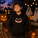 A smiling young boy wearing a black hoodie with a red and orange jack-o'-lantern face graphic on the chest, posed in a spooky Halloween setting with pumpkins, ghosts, and a haunted house in the background.