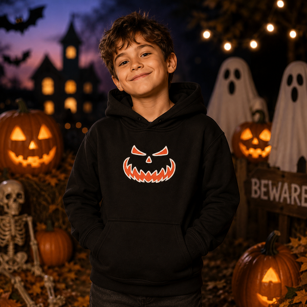 A smiling young boy wearing a black hoodie with a red and orange jack-o'-lantern face graphic on the chest, posed in a spooky Halloween setting with pumpkins, ghosts, and a haunted house in the background.