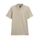 A sandy colour short-sleeve polo shirt with a two-button placket, displayed on a clean white background.
