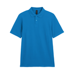 A sapphire blue short-sleeve polo shirt with a two-button placket, displayed on a clean white background.