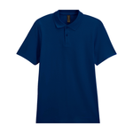 A solid navy blue short-sleeve polo shirt with a two-button placket, displayed on a clean white background.